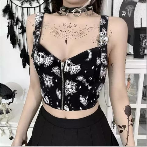 Cute Black Goth Skull Bat Goat Print Zipper Front Camisole Crop Top Tank Summer Aesthetic Casual E-Girl Kawaii Korean Japanese Harajuku