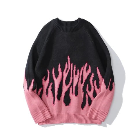 Black Pink Vintage Fire Flames Loose Oversized Long Sleeve Knit Sweatshirt Sweater Pullover Jumper E-Girl Kawaii Korean Japanese Harajuku Streetwear