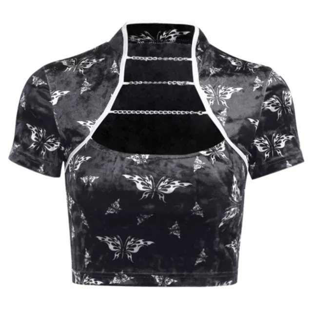 Cute Chinese Style Butterfly Crop Top Short Sleeve Shirt Blouse Summer Aesthetic Casual E-Girl Kawaii Korean Japanese Harajuku