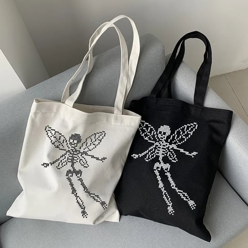 Cute Skeleton Skull Butterfly Wing Print Shoulder Bag Canvas Eco Tote Aesthetic Casual Summer E-Girl Kawaii Korean Japanese Harajuku