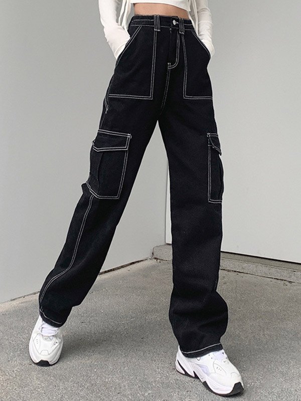 High Waist Straight Cargo Jeans