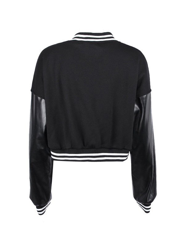 Embroidery Pu Leather Paneled Cropped Varsity Jacket