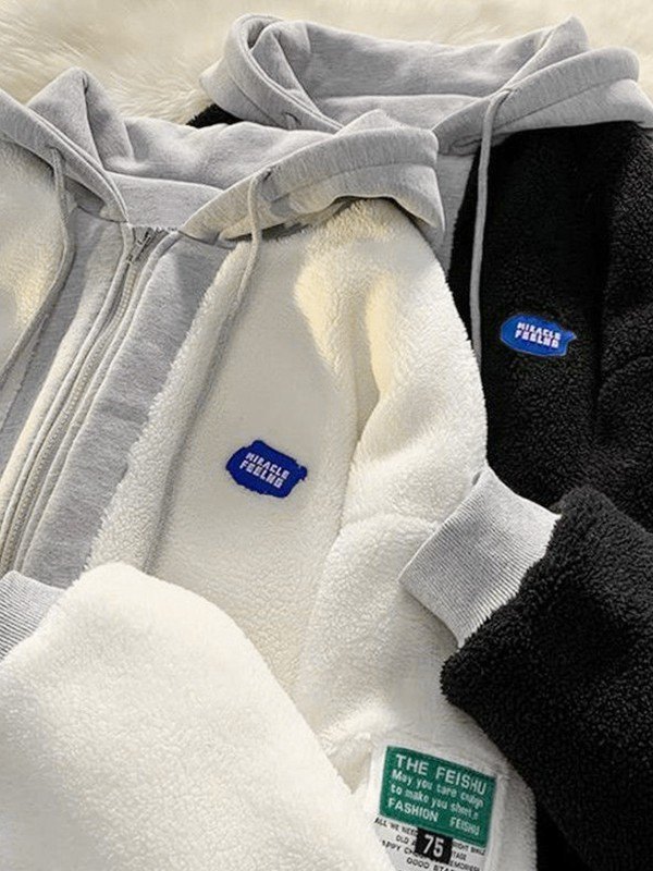 Oversized Patchwork Zip Up Fleece Hooded Jacket