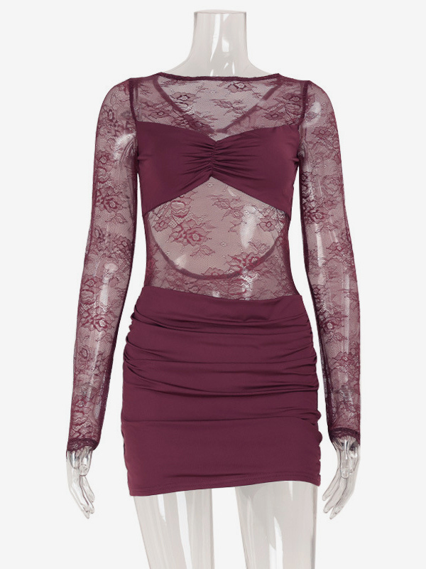 Sheer Lace Ruched Mini Dress For Women - Sexy Cut Out Open Back Bodycon Gown - Summer Night Out Club Party 2026