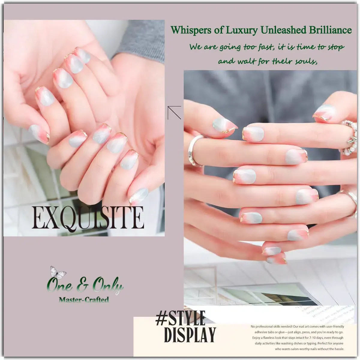 ​Rosée Dorée Press-On Nails | Short Square Shape | Soft Pink & Gold French Ombre