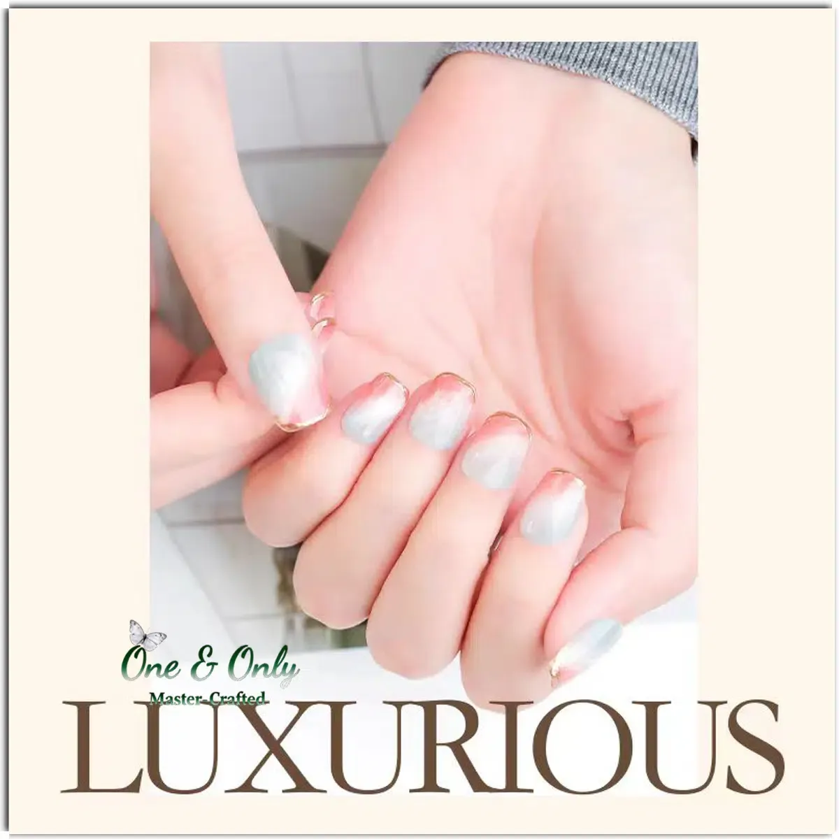 ​Rosée Dorée Press-On Nails | Short Square Shape | Soft Pink & Gold French Ombre