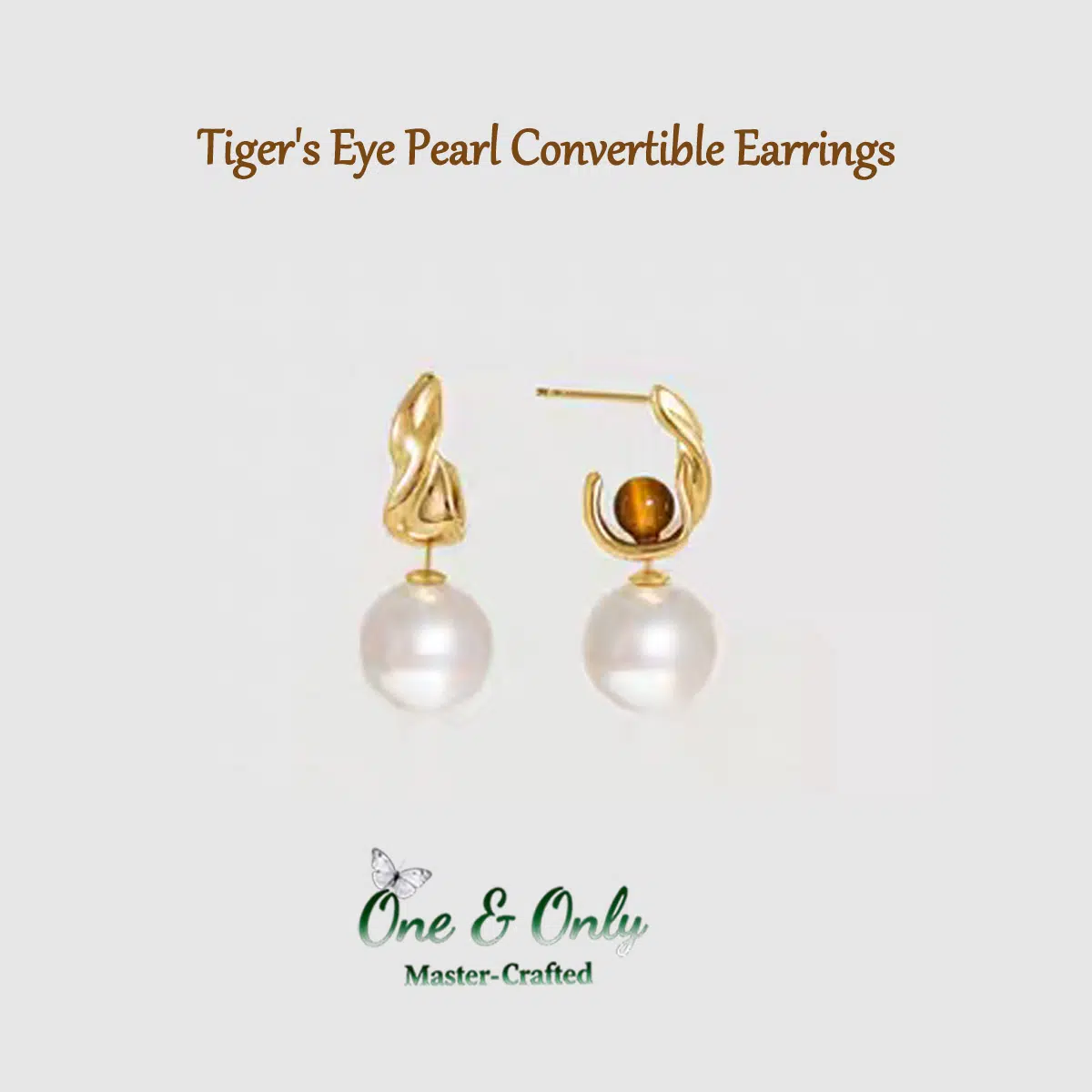 ​Tiger's Eye & Pearl Convertible Earrings Set - 3-in-1 Gold Earrings for Women | Minimalist to Statement Jewelry | Courage-Boosting Gold-Plated Statement Earrings