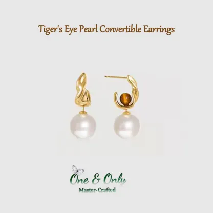 ​Tiger's Eye & Pearl Convertible Earrings Set - 3-in-1 Gold Earrings for Women | Minimalist to Statement Jewelry | Courage-Boosting Gold-Plated Statement Earrings