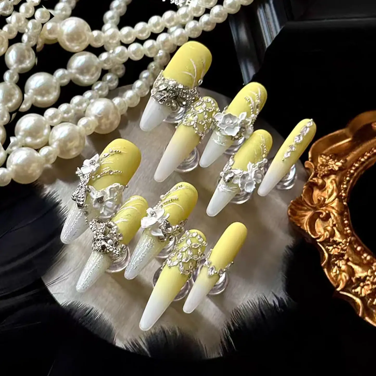 Royal Yellow Gradient Press-On Nails | Baroque-Inspired Silver 3D Flowers & Rhinestones