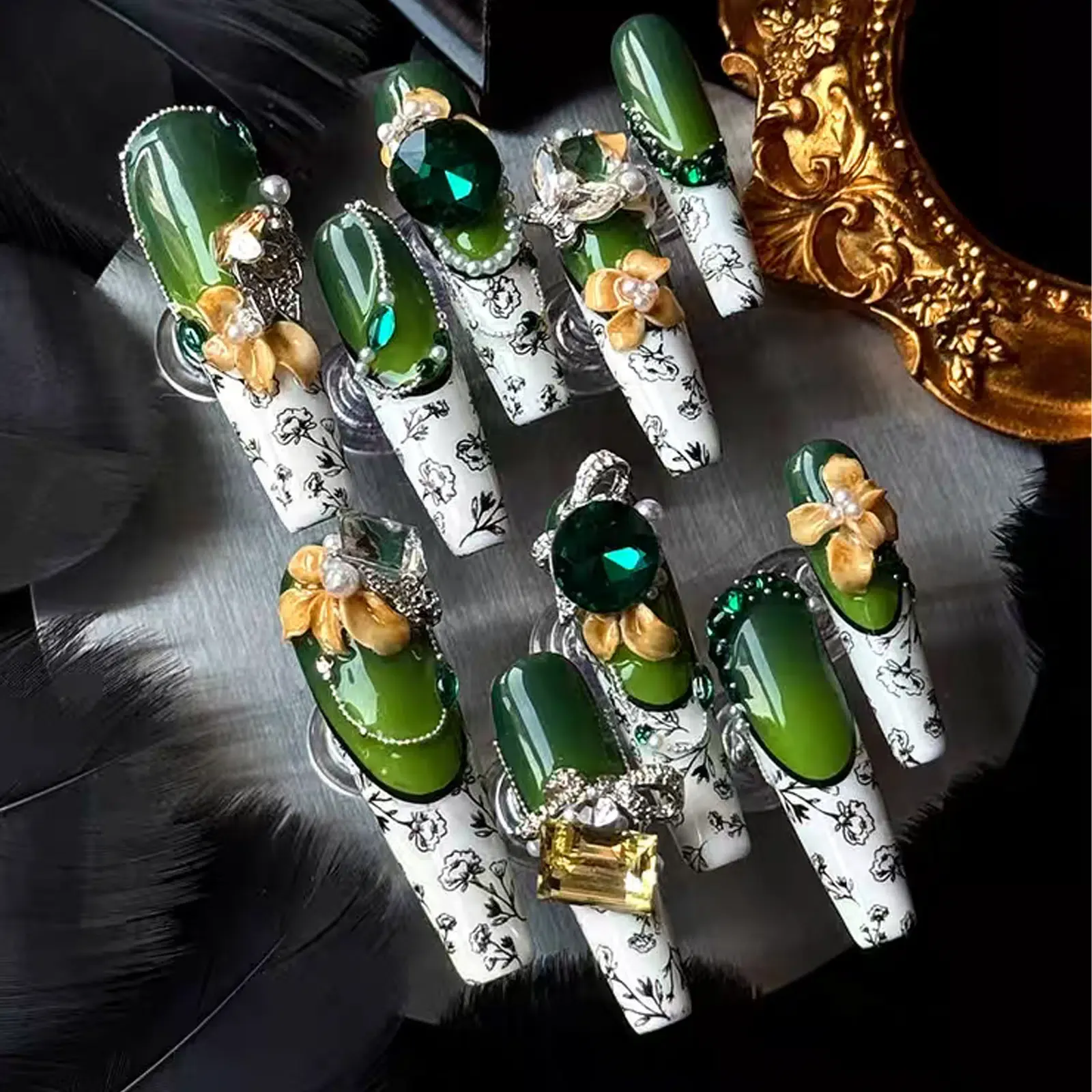 Emerald Coast Luxury Press-On Nails | Hand-Painted Florals & Heavy Rhinestone Embellishments