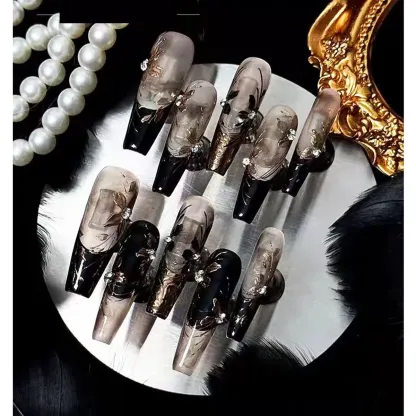 LEAH Luxury Hand-Painted Press-On Nails - Original 'Old Money Golden Era' Floral Design with Rhinestones