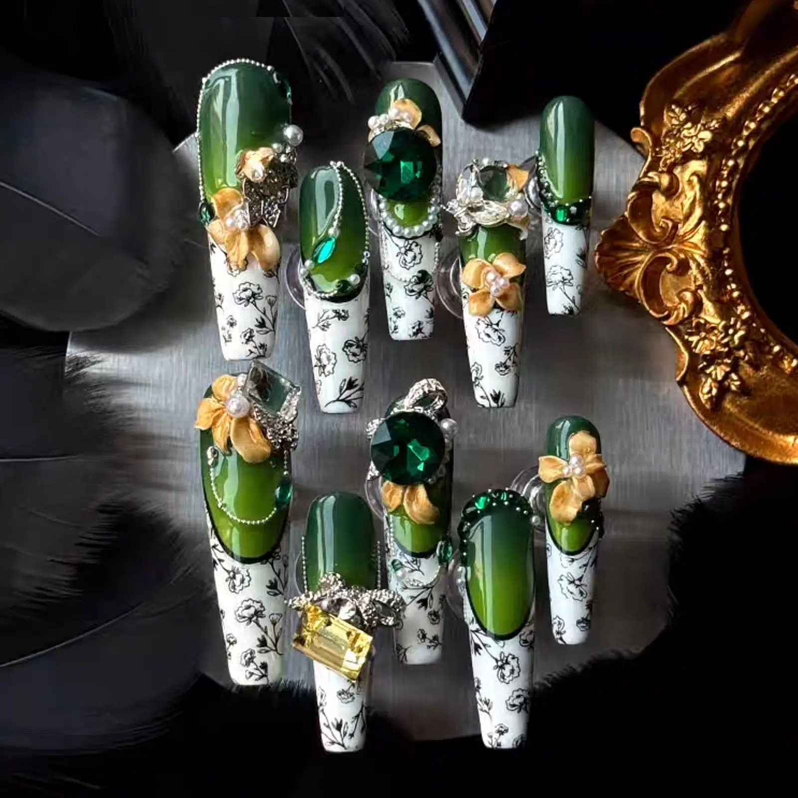Emerald Coast Luxury Press-On Nails | Hand-Painted Florals & Heavy Rhinestone Embellishments
