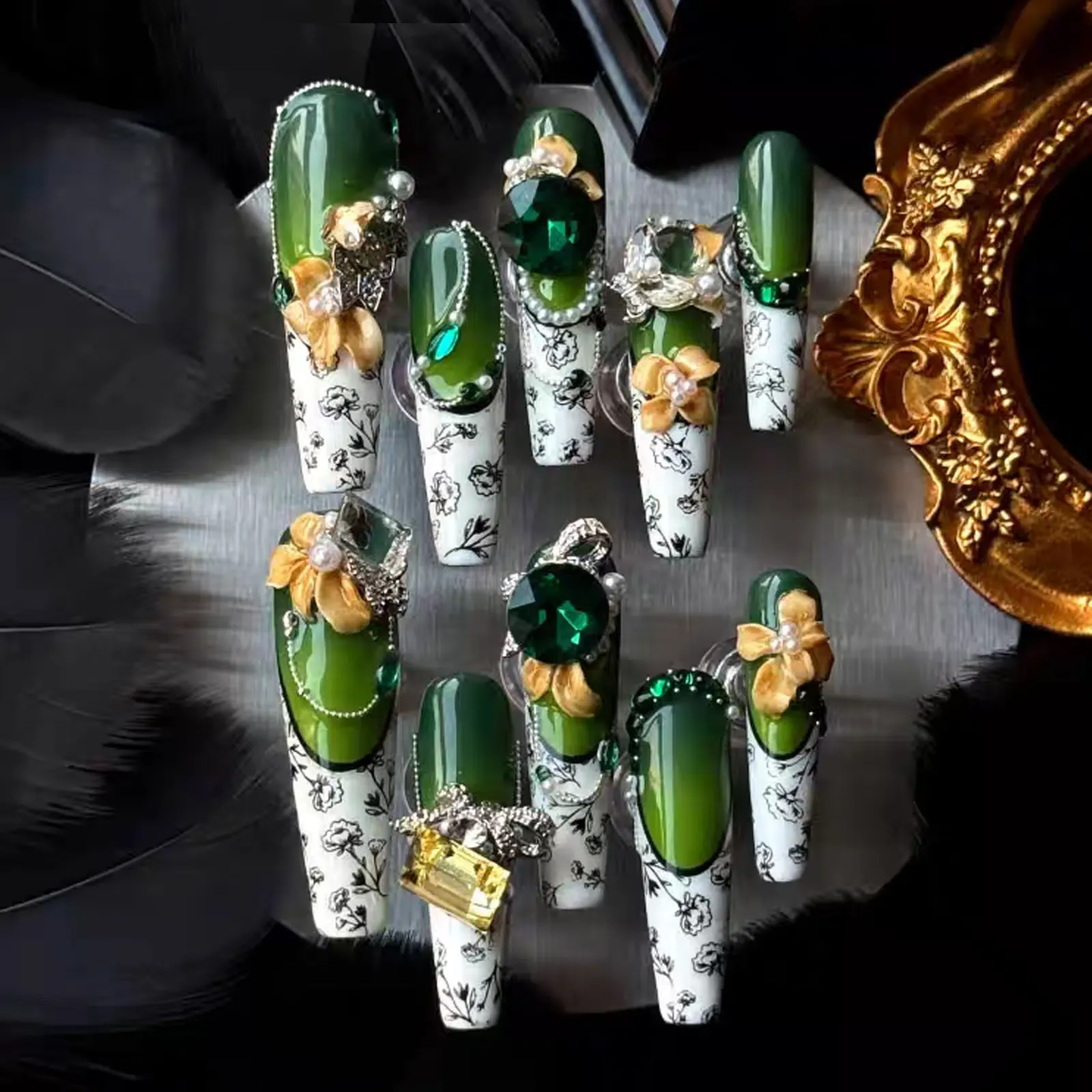 Emerald Coast Luxury Press-On Nails | Hand-Painted Florals & Heavy Rhinestone Embellishments