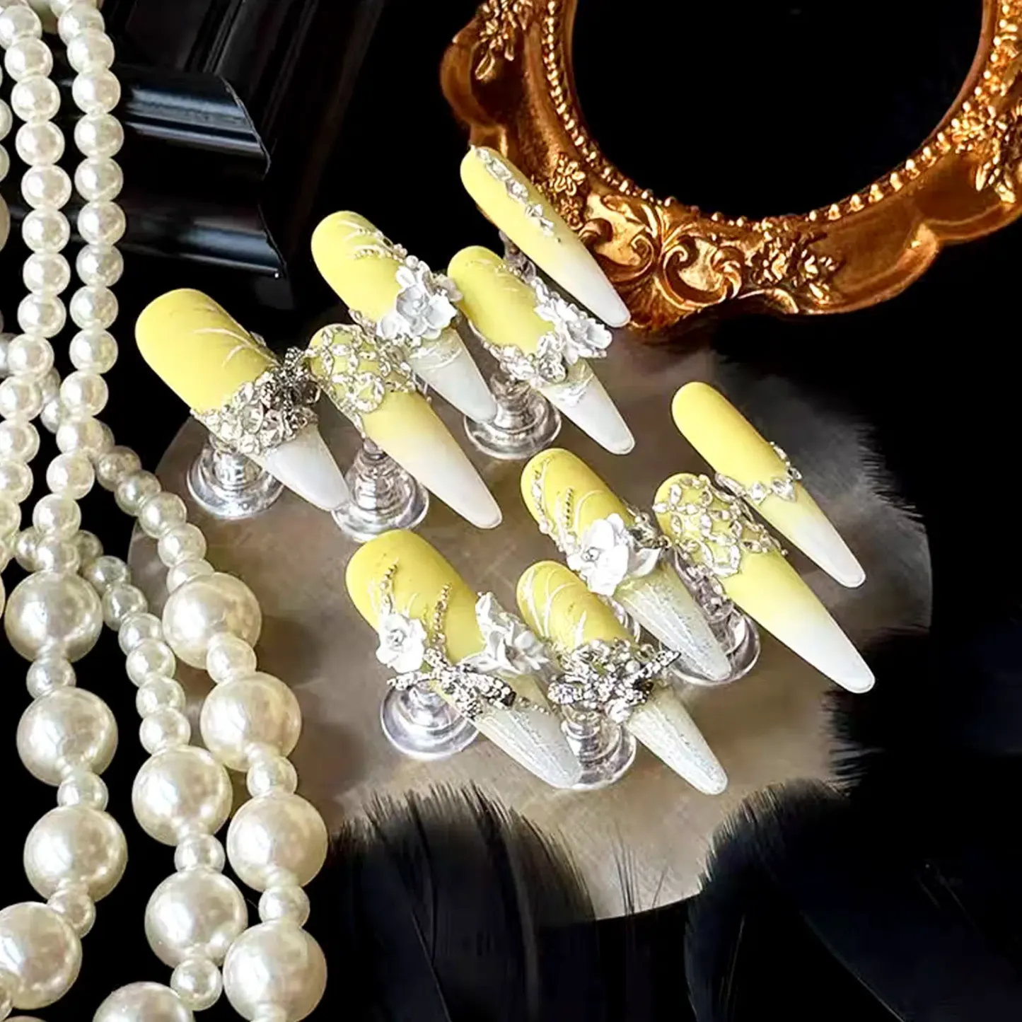 Royal Yellow Gradient Press-On Nails | Baroque-Inspired Silver 3D Flowers & Rhinestones