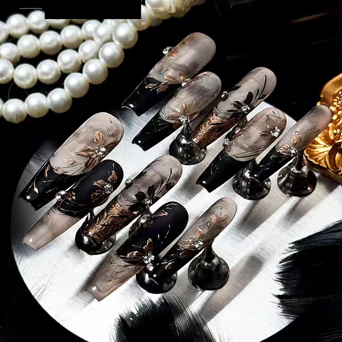 LEAH Luxury Hand-Painted Press-On Nails - Original 'Old Money Golden Era' Floral Design with Rhinestones