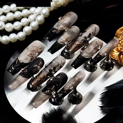 LEAH Luxury Hand-Painted Press-On Nails - Original 'Old Money Golden Era' Floral Design with Rhinestones