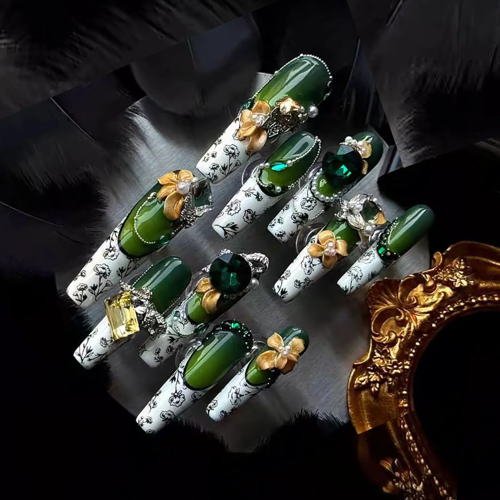 Emerald Coast Luxury Press-On Nails | Hand-Painted Florals & Heavy Rhinestone Embellishments