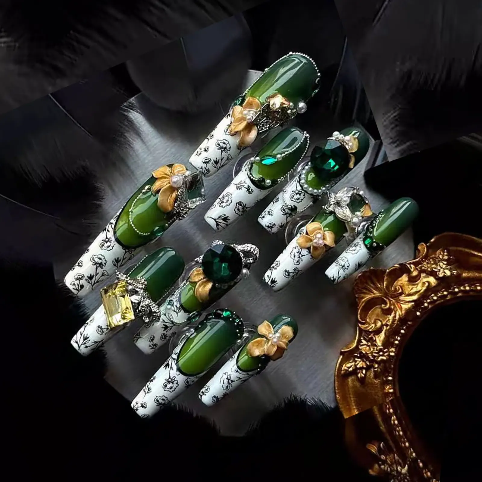 Emerald Coast Luxury Press-On Nails | Hand-Painted Florals & Heavy Rhinestone Embellishments