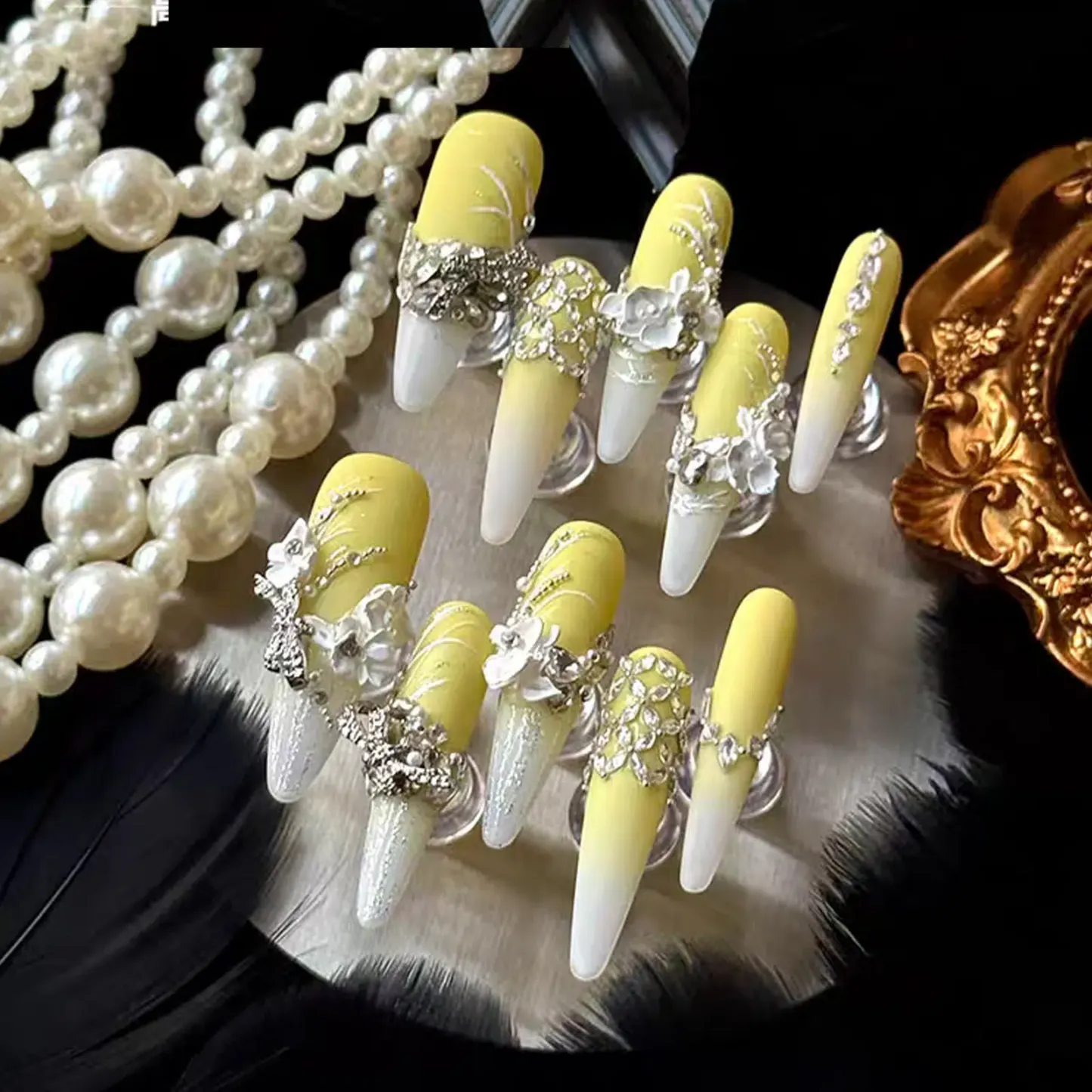 Royal Yellow Gradient Press-On Nails | Baroque-Inspired Silver 3D Flowers & Rhinestones