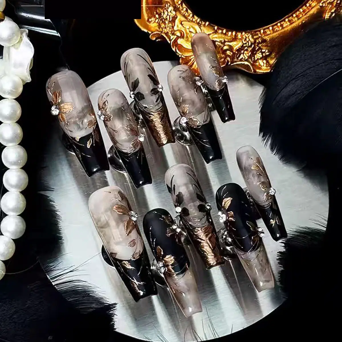 LEAH Luxury Hand-Painted Press-On Nails - Original 'Old Money Golden Era' Floral Design with Rhinestones