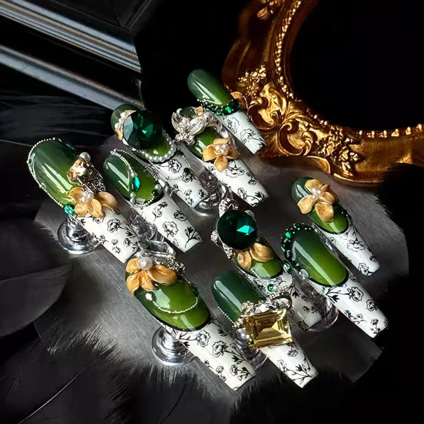 Emerald Coast Luxury Press-On Nails | Hand-Painted Florals & Heavy Rhinestone Embellishments