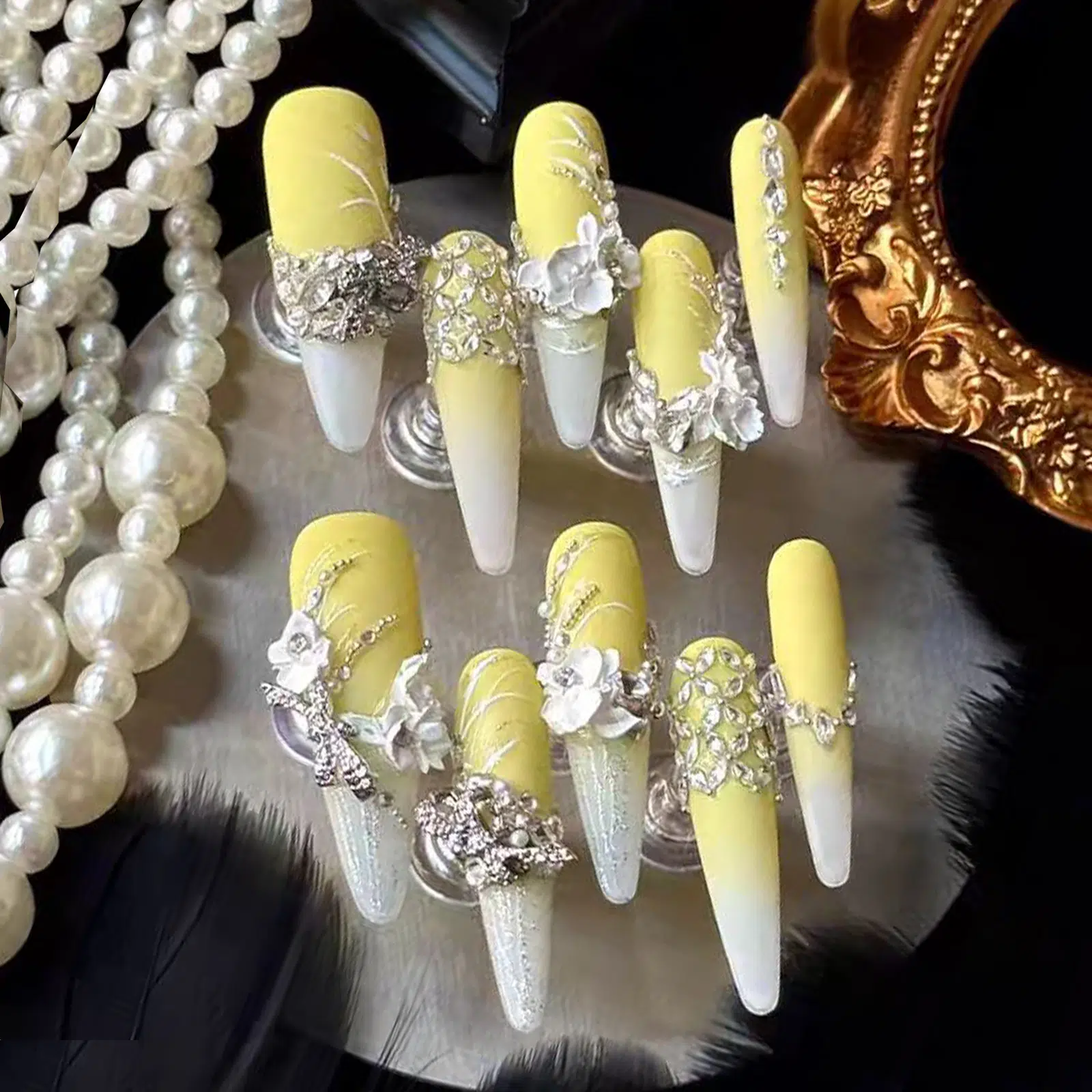 Royal Yellow Gradient Press-On Nails | Baroque-Inspired Silver 3D Flowers & Rhinestones