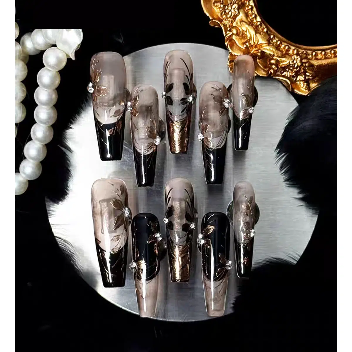 LEAH Luxury Hand-Painted Press-On Nails - Original 'Old Money Golden Era' Floral Design with Rhinestones