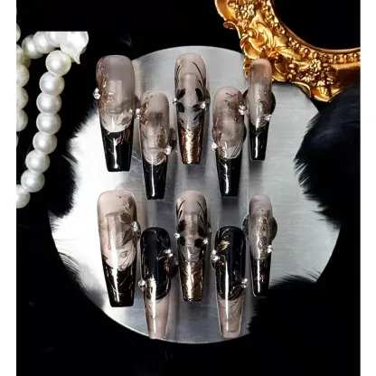 LEAH Luxury Hand-Painted Press-On Nails - Original 'Old Money Golden Era' Floral Design with Rhinestones