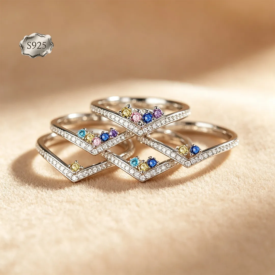 Custom V‑Shape Family Birthstone Ring, Personalized 1‑5 Round Birthstones S925 Sterling Silver Ring