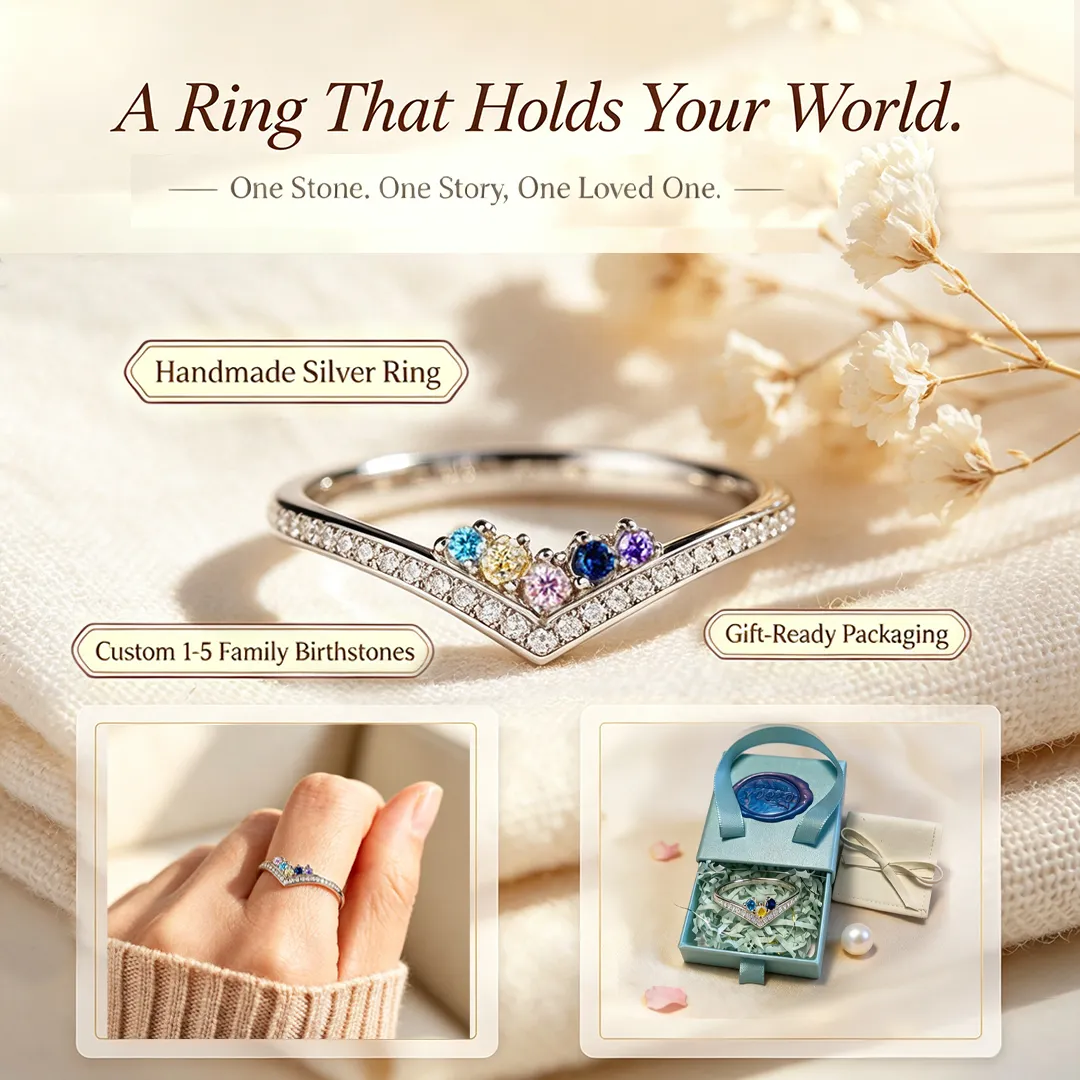 Custom V‑Shape Family Birthstone Ring, Personalized 1‑5 Round Birthstones S925 Sterling Silver Ring