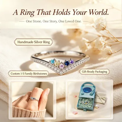 Custom V‑Shape Family Birthstone Ring, Personalized 1‑5 Round Birthstones S925 Sterling Silver Ring