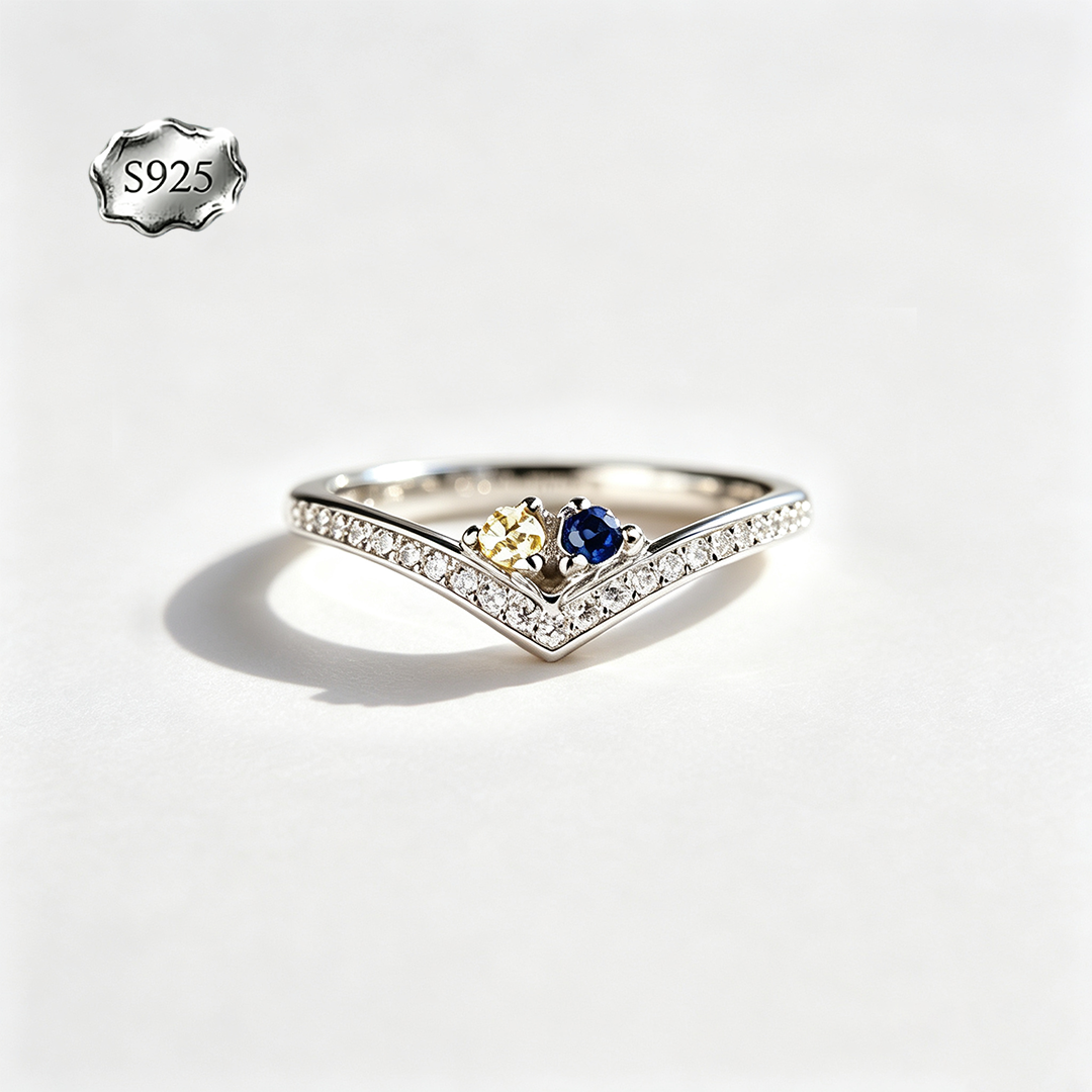 Custom V‑Shape Family Birthstone Ring, Personalized 1‑5 Round Birthstones S925 Sterling Silver Ring