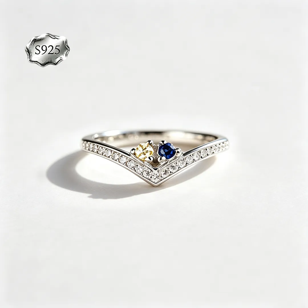 Custom V‑Shape Family Birthstone Ring, Personalized 1‑5 Round Birthstones S925 Sterling Silver Ring