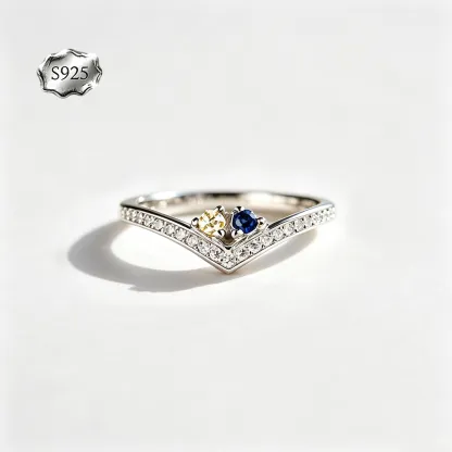 Custom V‑Shape Family Birthstone Ring, Personalized 1‑5 Round Birthstones S925 Sterling Silver Ring
