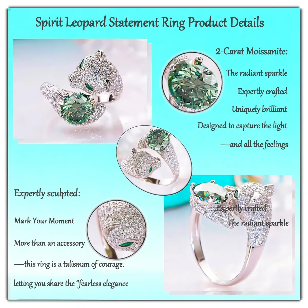2ct Moissanite+Sterling S925 Silve | Spirit Leopard Statement Moissanite Ring | Bring you courage and strength | for Good Luck