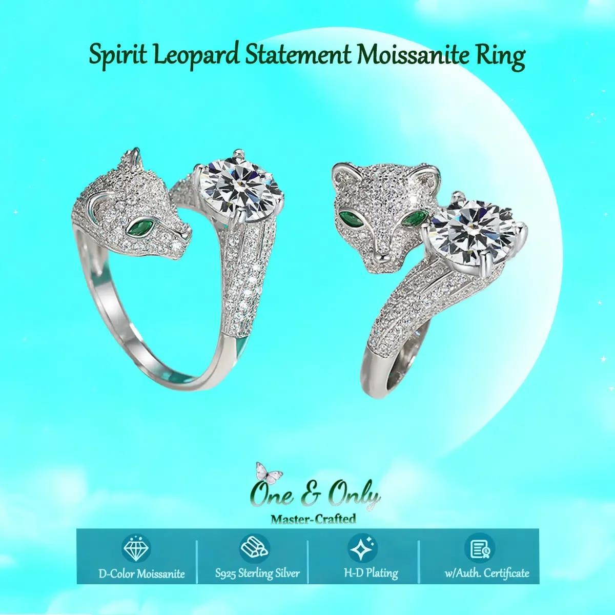 2ct Moissanite+Sterling S925 Silve | Spirit Leopard Statement Moissanite Ring | Bring you courage and strength | for Good Luck