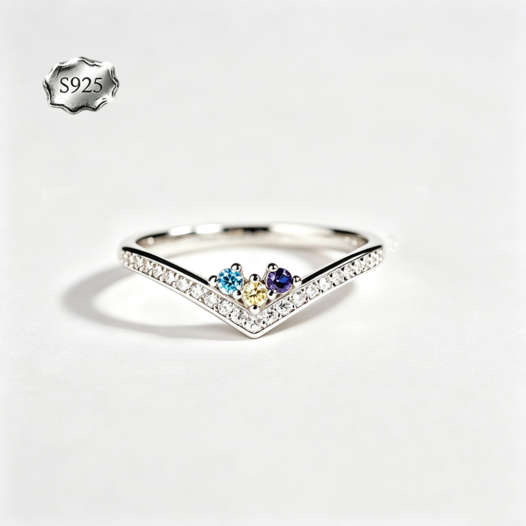 Custom V‑Shape Family Birthstone Ring, Personalized 1‑5 Round Birthstones S925 Sterling Silver Ring