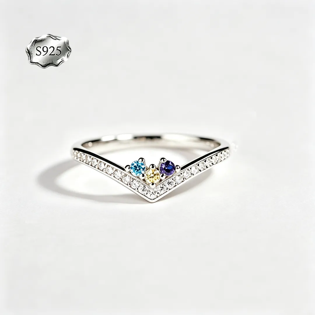Custom V‑Shape Family Birthstone Ring, Personalized 1‑5 Round Birthstones S925 Sterling Silver Ring