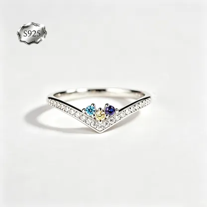 Custom V‑Shape Family Birthstone Ring, Personalized 1‑5 Round Birthstones S925 Sterling Silver Ring