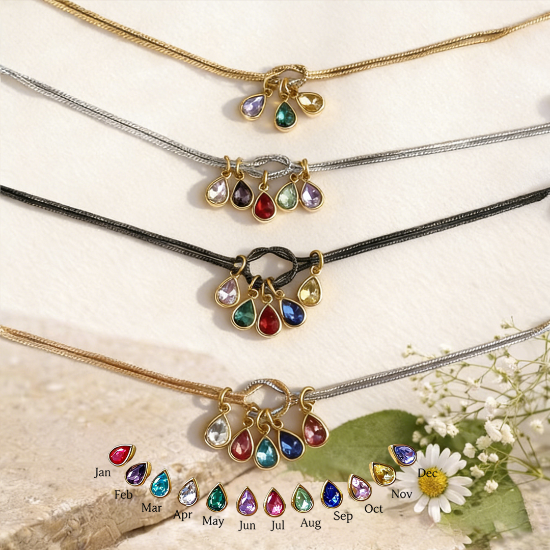 💧 Custom Teardrop Birthstone Bracelet – Personalized for Mom – Up to 14 Birthstones 