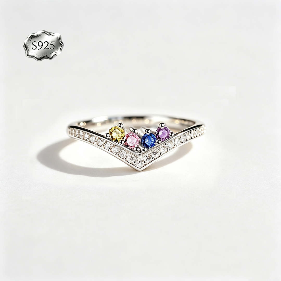 Custom V‑Shape Family Birthstone Ring, Personalized 1‑5 Round Birthstones S925 Sterling Silver Ring