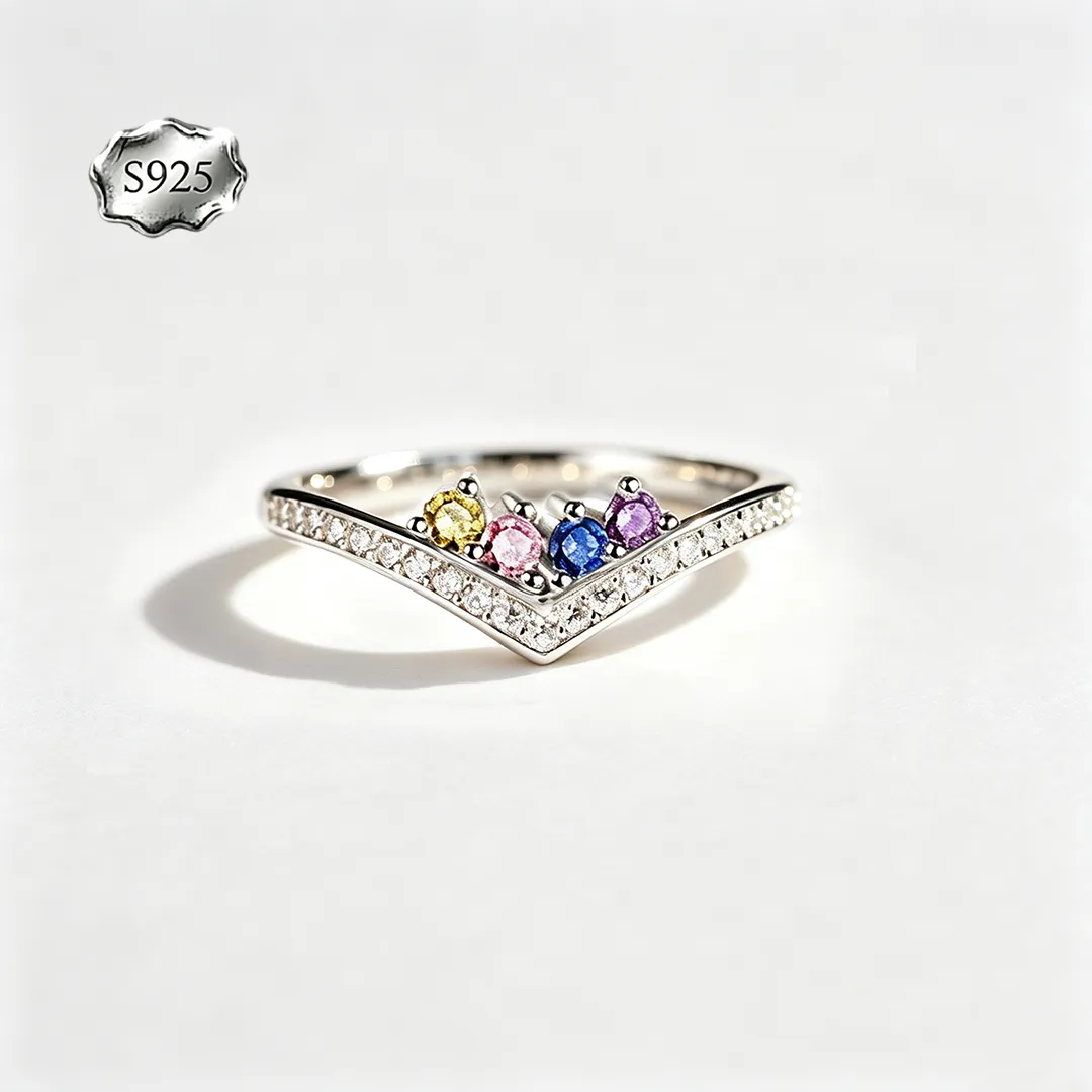 Custom V‑Shape Family Birthstone Ring, Personalized 1‑5 Round Birthstones S925 Sterling Silver Ring