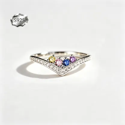 Custom V‑Shape Family Birthstone Ring, Personalized 1‑5 Round Birthstones S925 Sterling Silver Ring