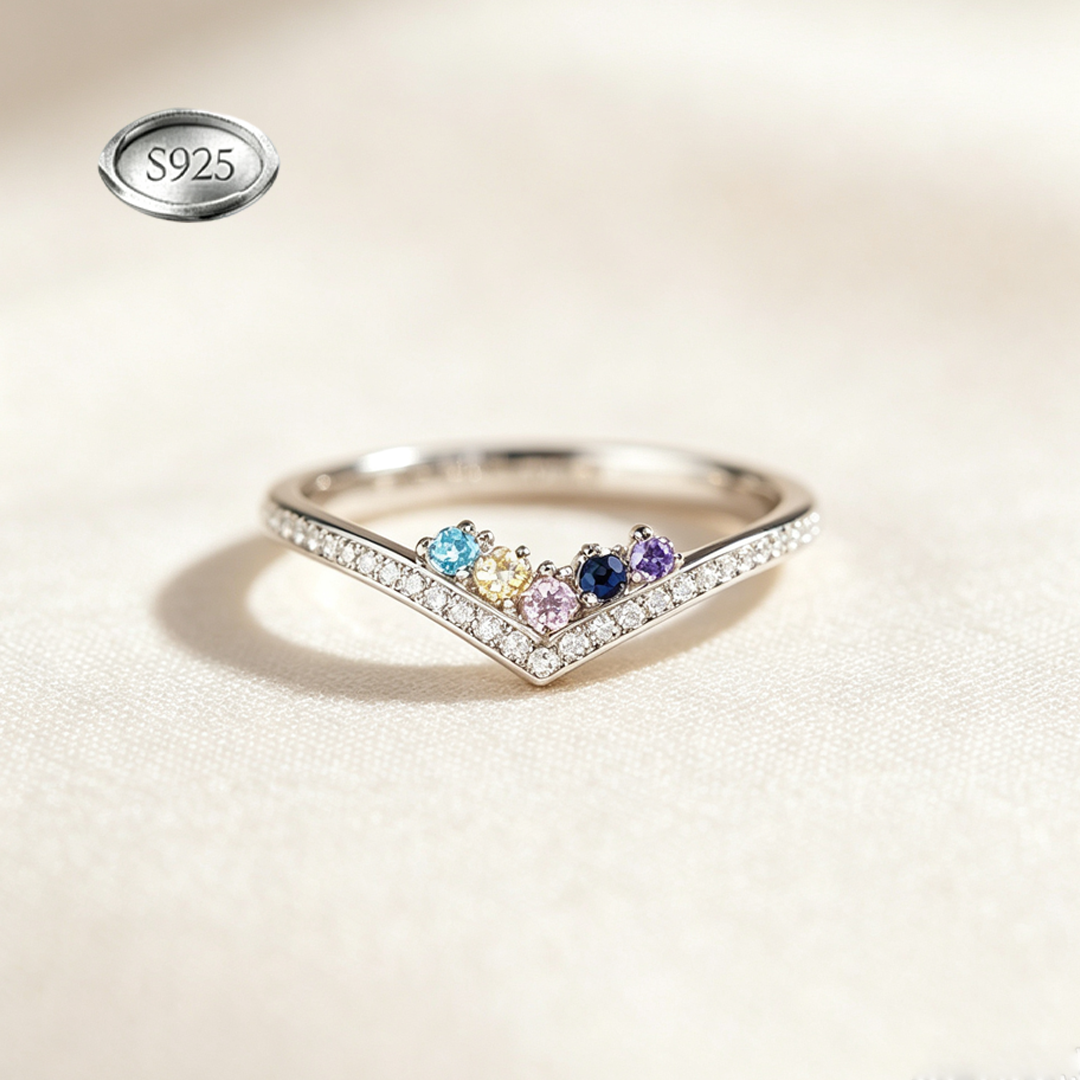 Custom V‑Shape Family Birthstone Ring, Personalized 1‑5 Round Birthstones S925 Sterling Silver Ring
