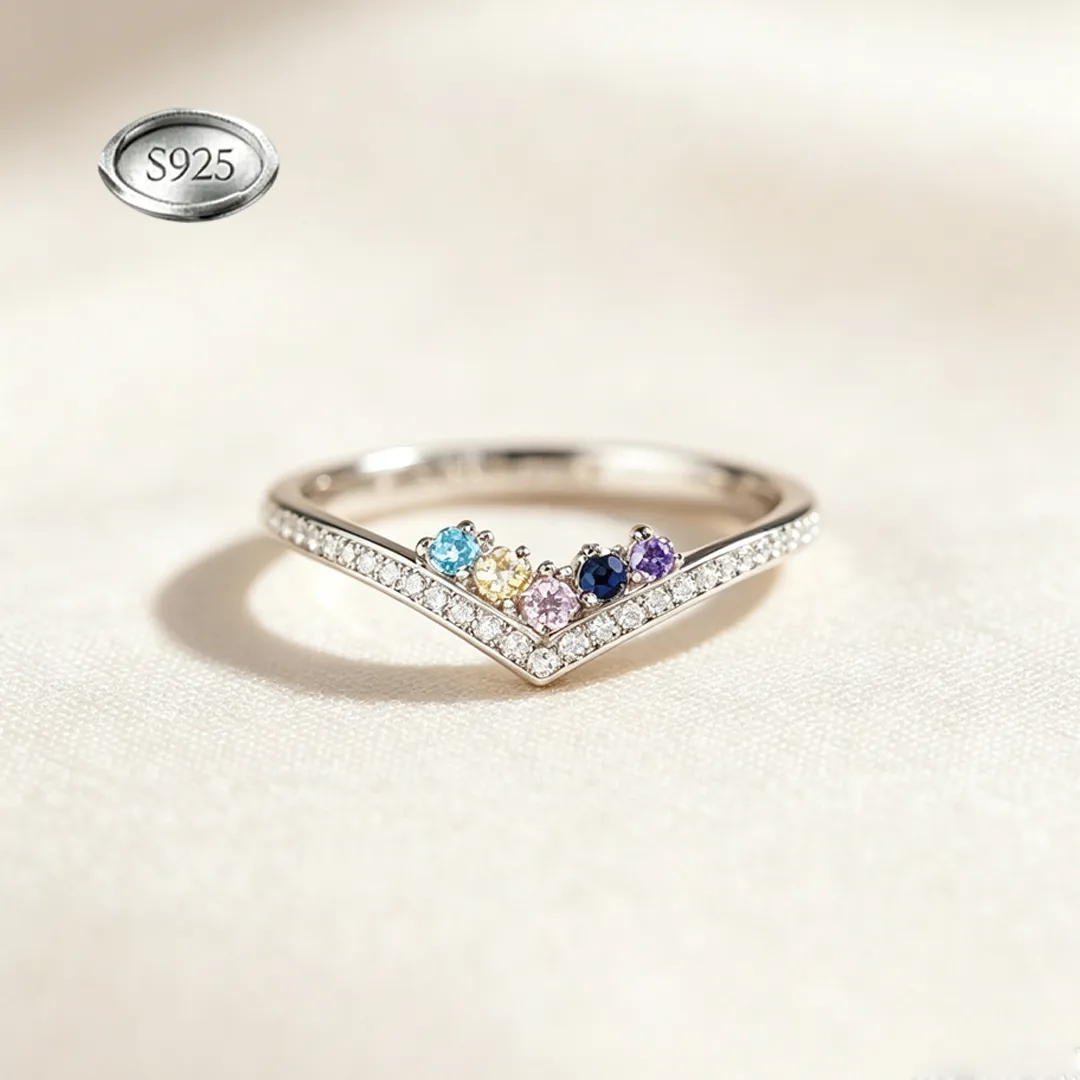 Custom V‑Shape Family Birthstone Ring, Personalized 1‑5 Round Birthstones S925 Sterling Silver Ring