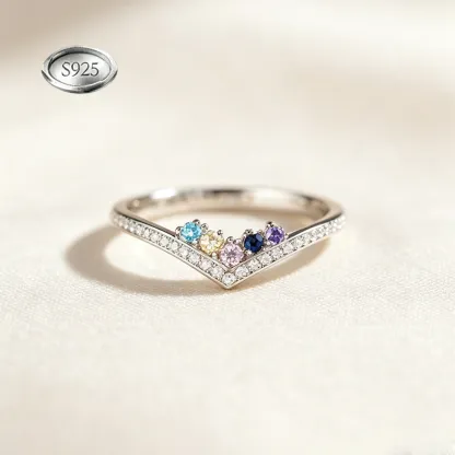 Custom V‑Shape Family Birthstone Ring, Personalized 1‑5 Round Birthstones S925 Sterling Silver Ring