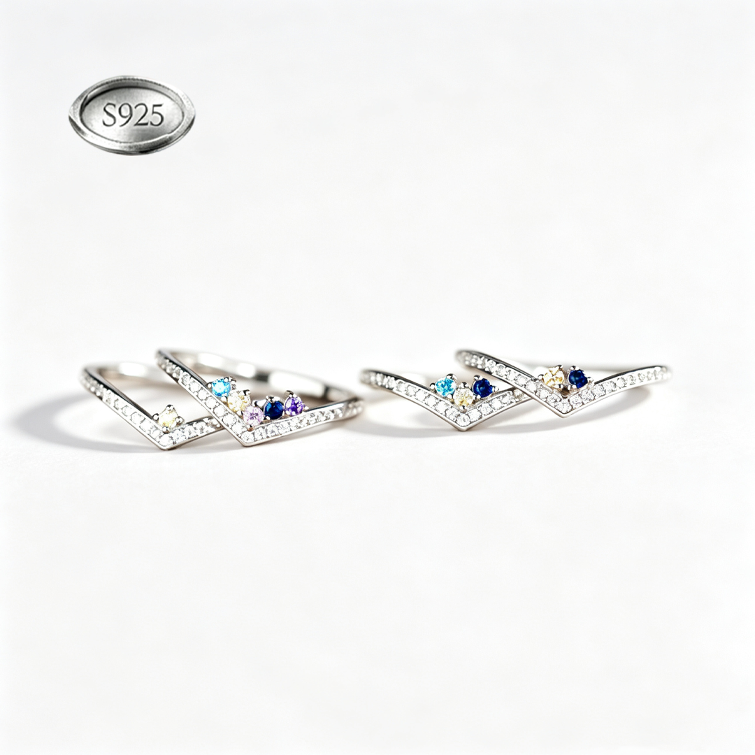 Custom V‑Shape Family Birthstone Ring, Personalized 1‑5 Round Birthstones S925 Sterling Silver Ring