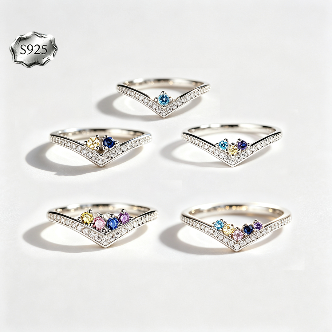 Custom V‑Shape Family Birthstone Ring, Personalized 1‑5 Round Birthstones S925 Sterling Silver Ring