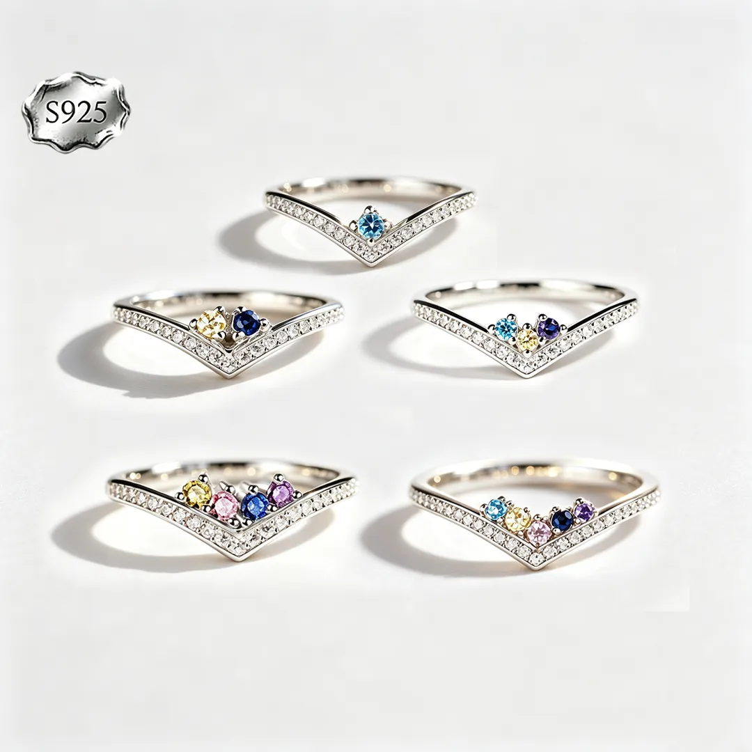 Custom V‑Shape Family Birthstone Ring, Personalized 1‑5 Round Birthstones S925 Sterling Silver Ring