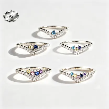 Custom V‑Shape Family Birthstone Ring, Personalized 1‑5 Round Birthstones S925 Sterling Silver Ring
